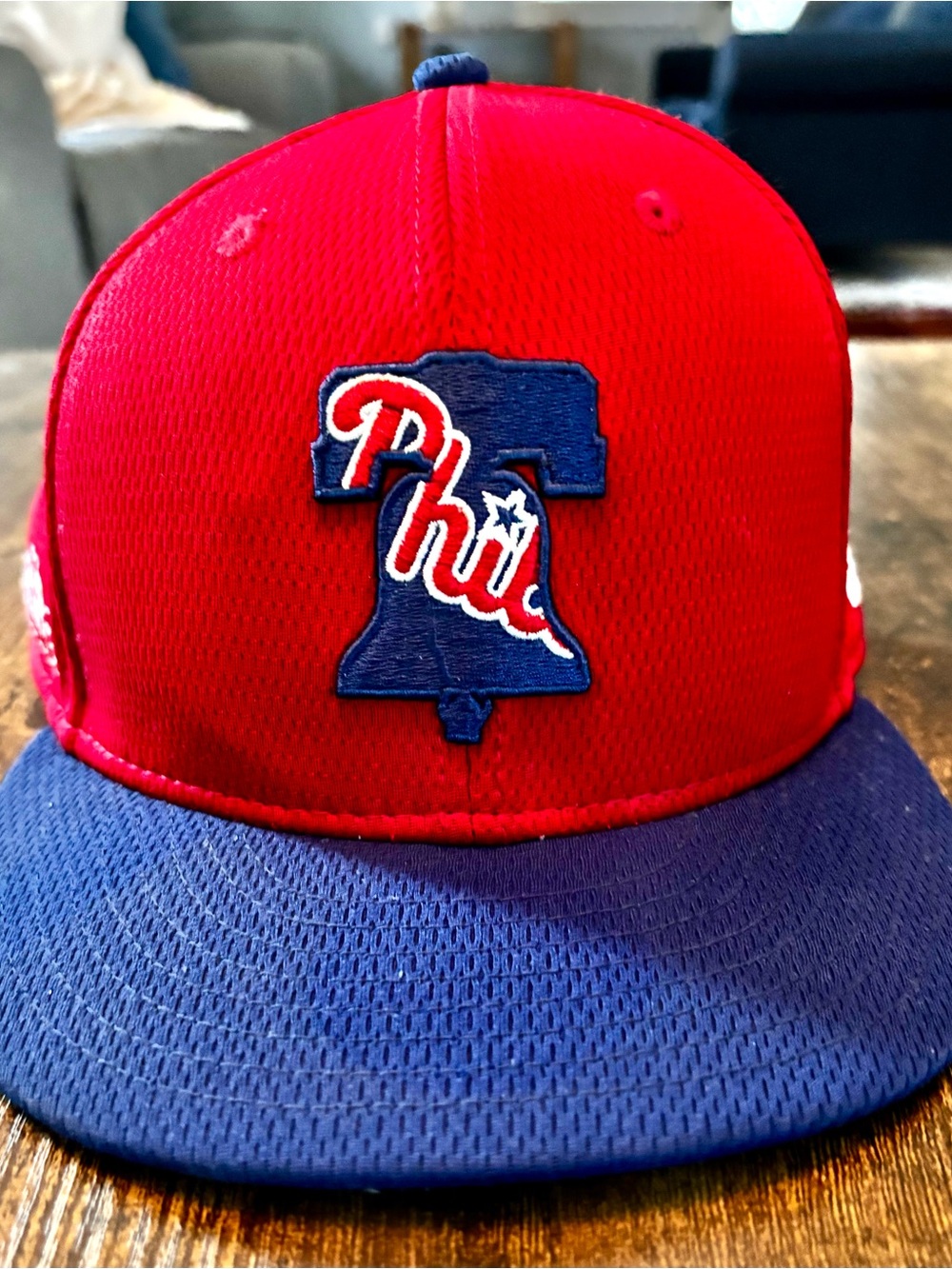9fifty Red and Blue Phillies Liberty Bell Fitted Cap Interior Detail size 7 1/8